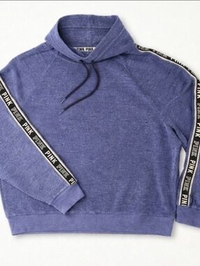 Victoria's Secret PINK Blue Marl Funnel Neck Hoodie Logo Tape Sleeve Medium